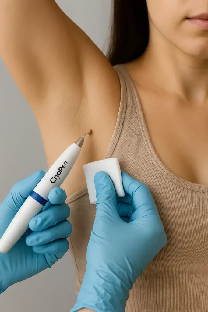 woman having cryopen to remove underarm skin tags Bishop's Stortford