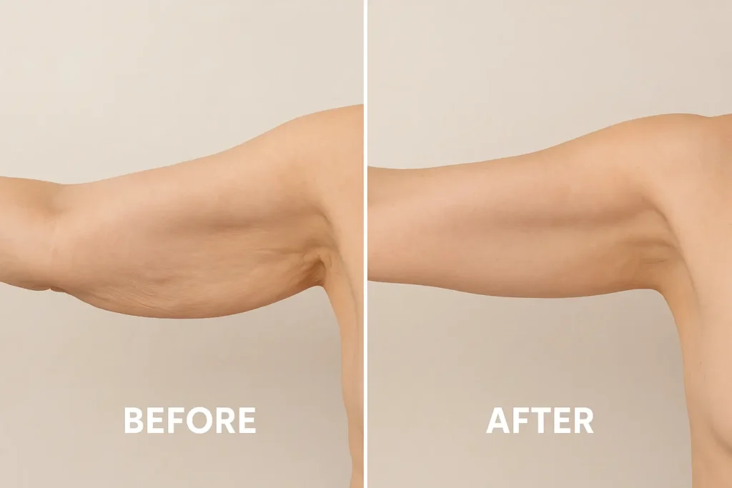 Picture of LA LIPO Bishop's Stortford before and after results of skin tightening treatment on the upper arms.