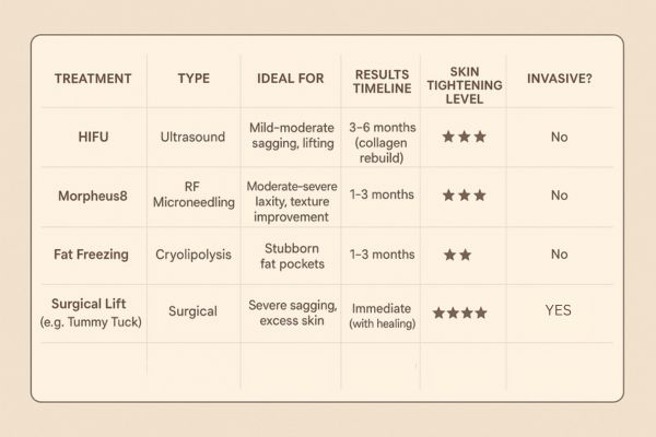 Table showing the comparisons of Skin tightening Bishop's Stortford treatment options.