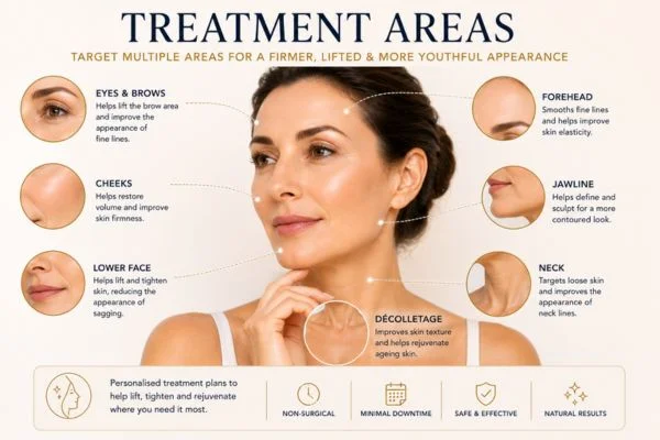 Areas of treatment for the ultimate lift tighten treatment Bishop's Stortford